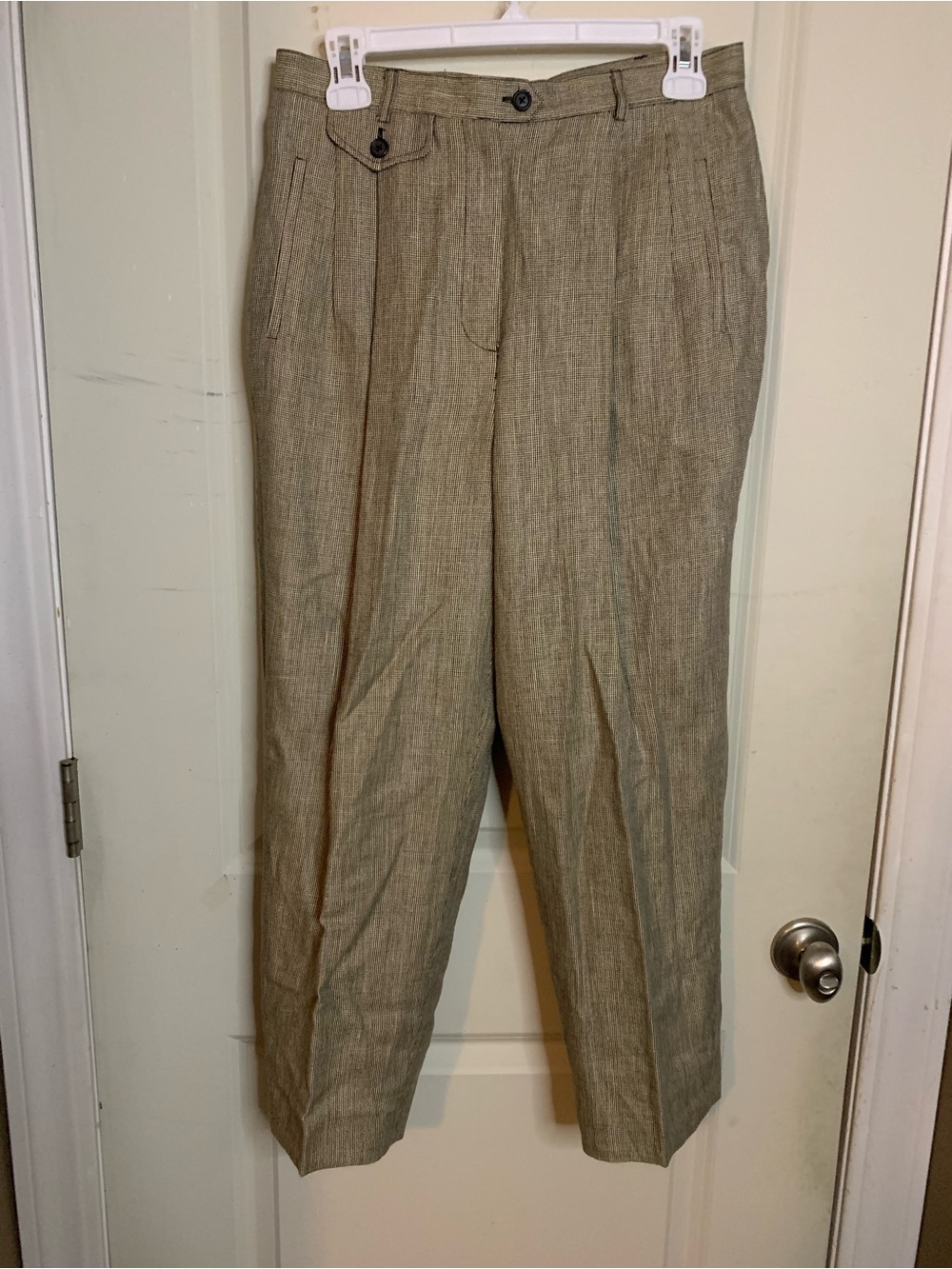 Women’s Tan Black Check Classic Pleated Dress Pants Wool Linen Trousers Sz 12P